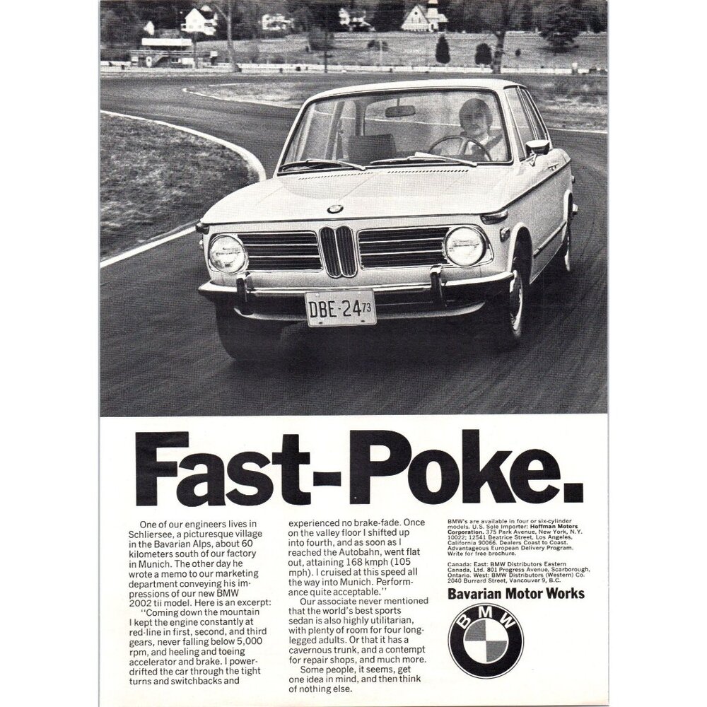 1973 BMW 2002 2 Door Sedan Vintage Print Ad Fast Poke Road Track 70s Wall Art